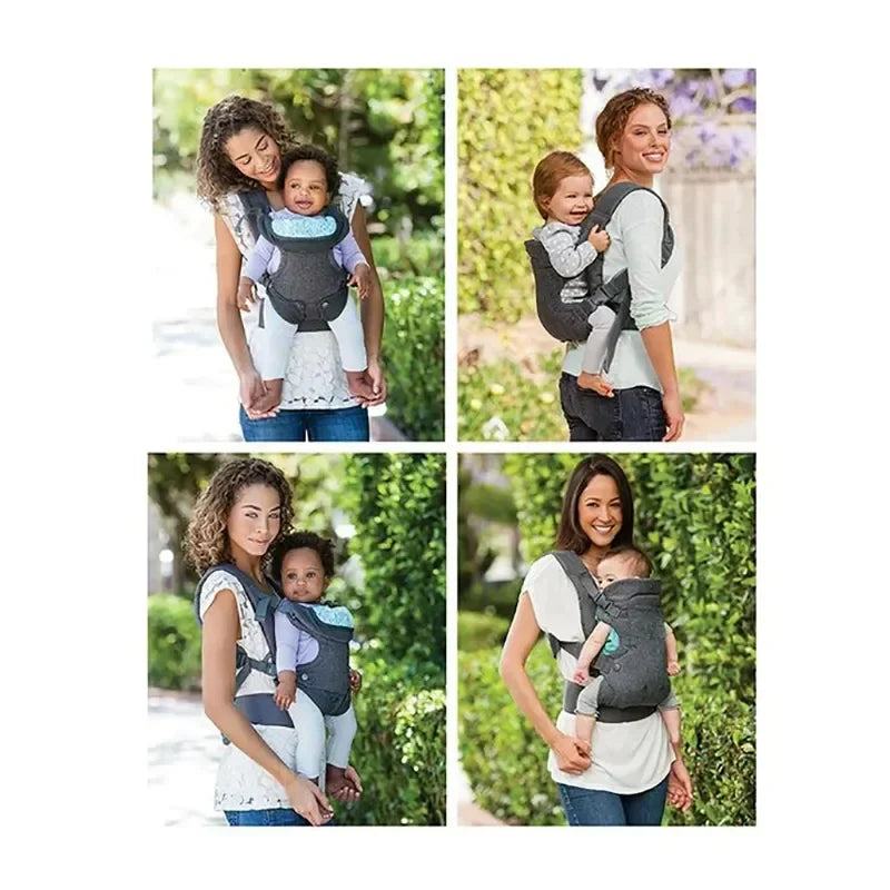 Gray ergonomic baby carrier with a toddler on the back, showcasing its versatility and weight capacity.