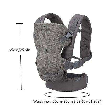 Parent adjusting shoulder straps of the gray ergonomic baby carrier, emphasizing comfort features.