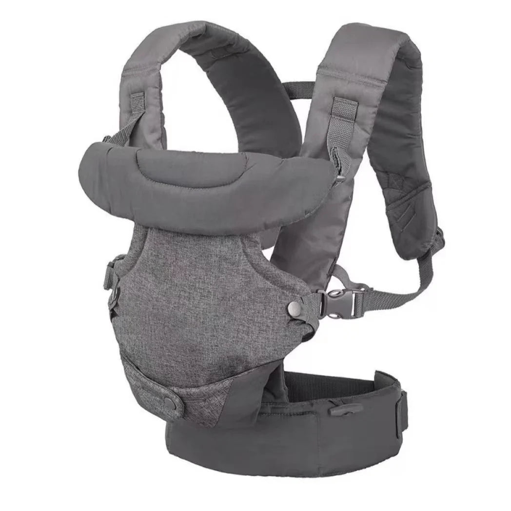 Empty gray baby carrier highlighting its padded straps and breathable fabric for baby essentials.