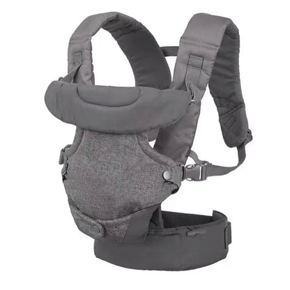 Empty gray baby carrier highlighting its padded straps and breathable fabric for baby essentials.
