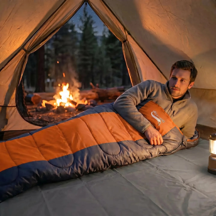 Unisex 4-season lightweight envelope sleeping bag for camping, hiking, and outdoor adventures, ensuring warmth.