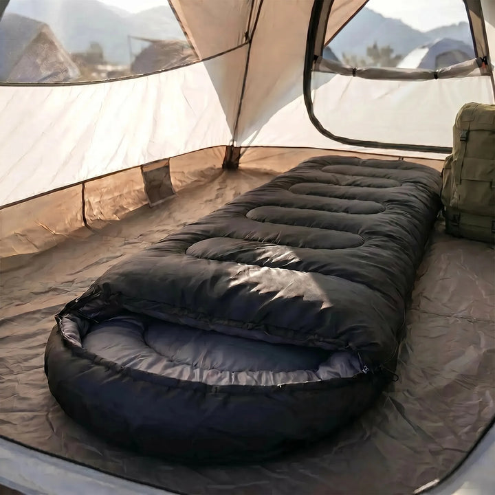 Portable mummy sleeping bag, 4-season, perfect for camping, hiking, and travel. Essential outdoor gear.