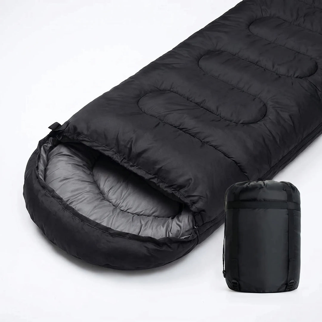 Durable unisex mummy sleeping bag, designed for 4-season camping & hiking. Warm, compact adventure gear.