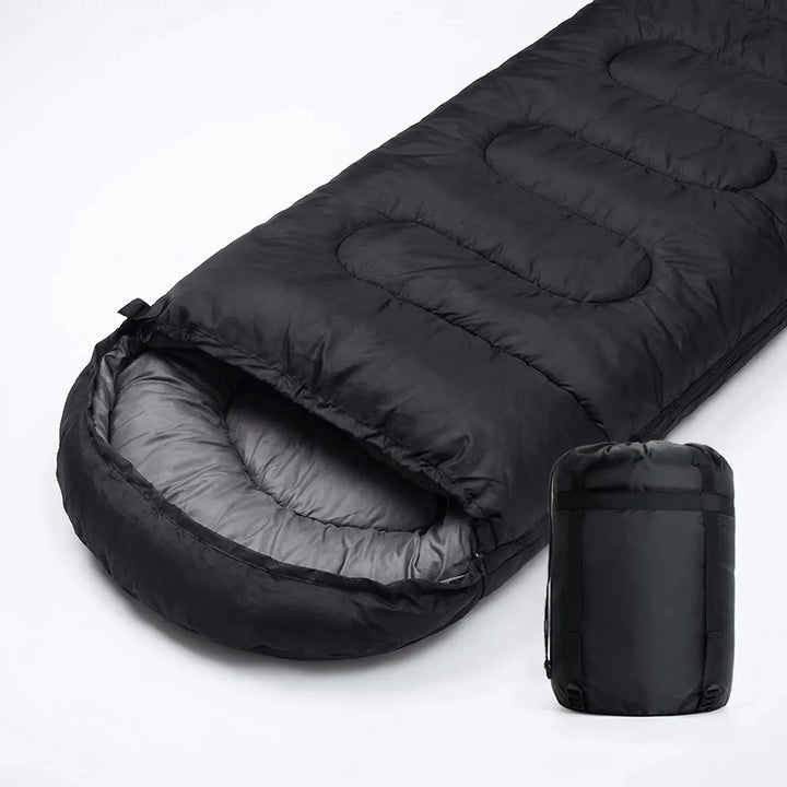 Durable unisex mummy sleeping bag, designed for 4-season camping & hiking. Warm, compact adventure gear.