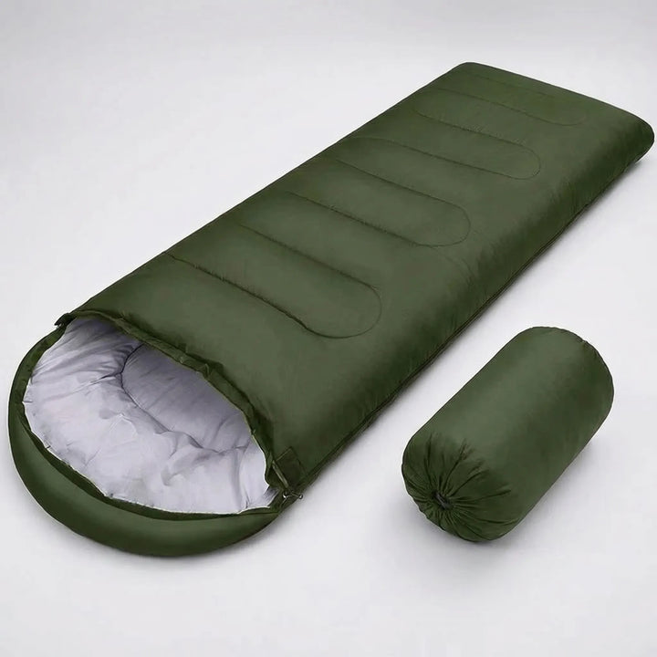 Cozy 4-season mummy sleeping bag, providing warmth for unisex camping & hiking adventures. Portable outdoor gear.