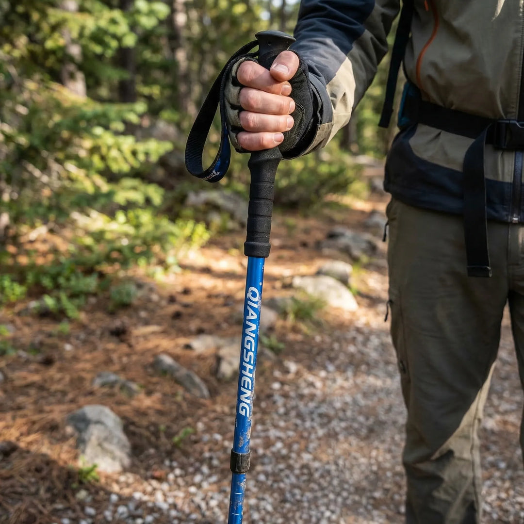 Unisex 4-section folding trekking pole for hiking & trail support. Adjustable, portable outdoor gear.