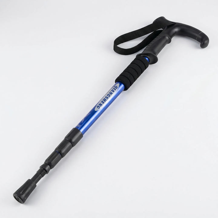Portable 4-section trekking pole, easily collapsible for hiking, camping, and outdoor exploration.