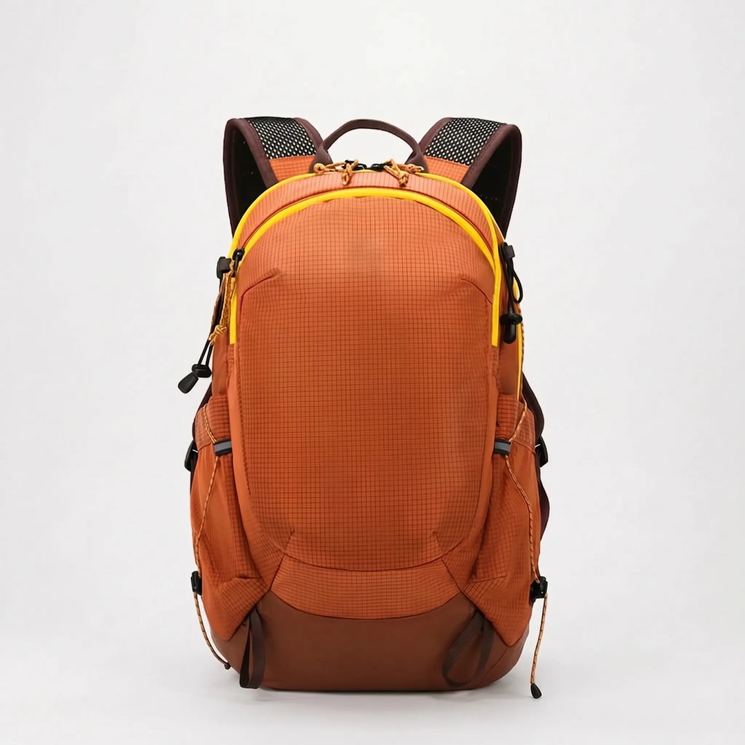 Durable nylon hiking backpack on a forest trail, ready for rugged outdoor camping & travel.