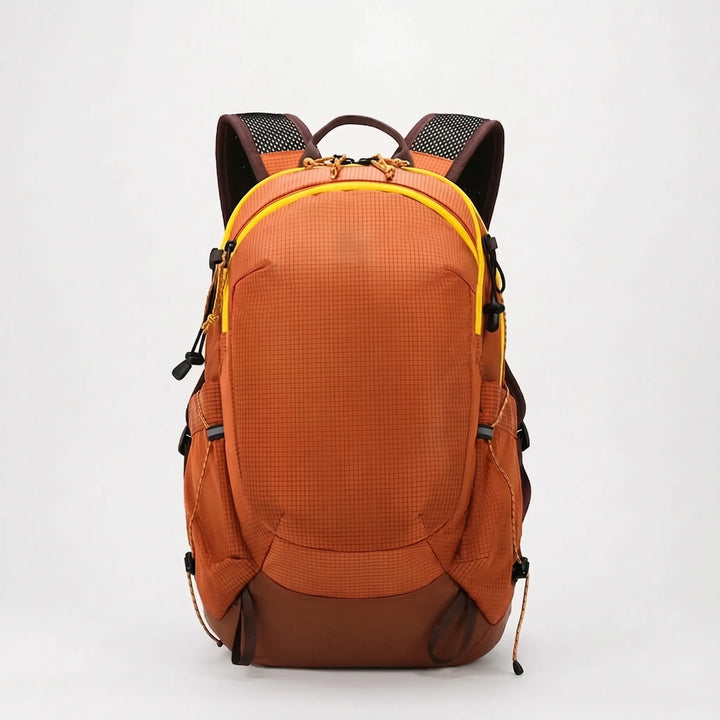 Durable nylon hiking backpack on a forest trail, ready for rugged outdoor camping & travel.