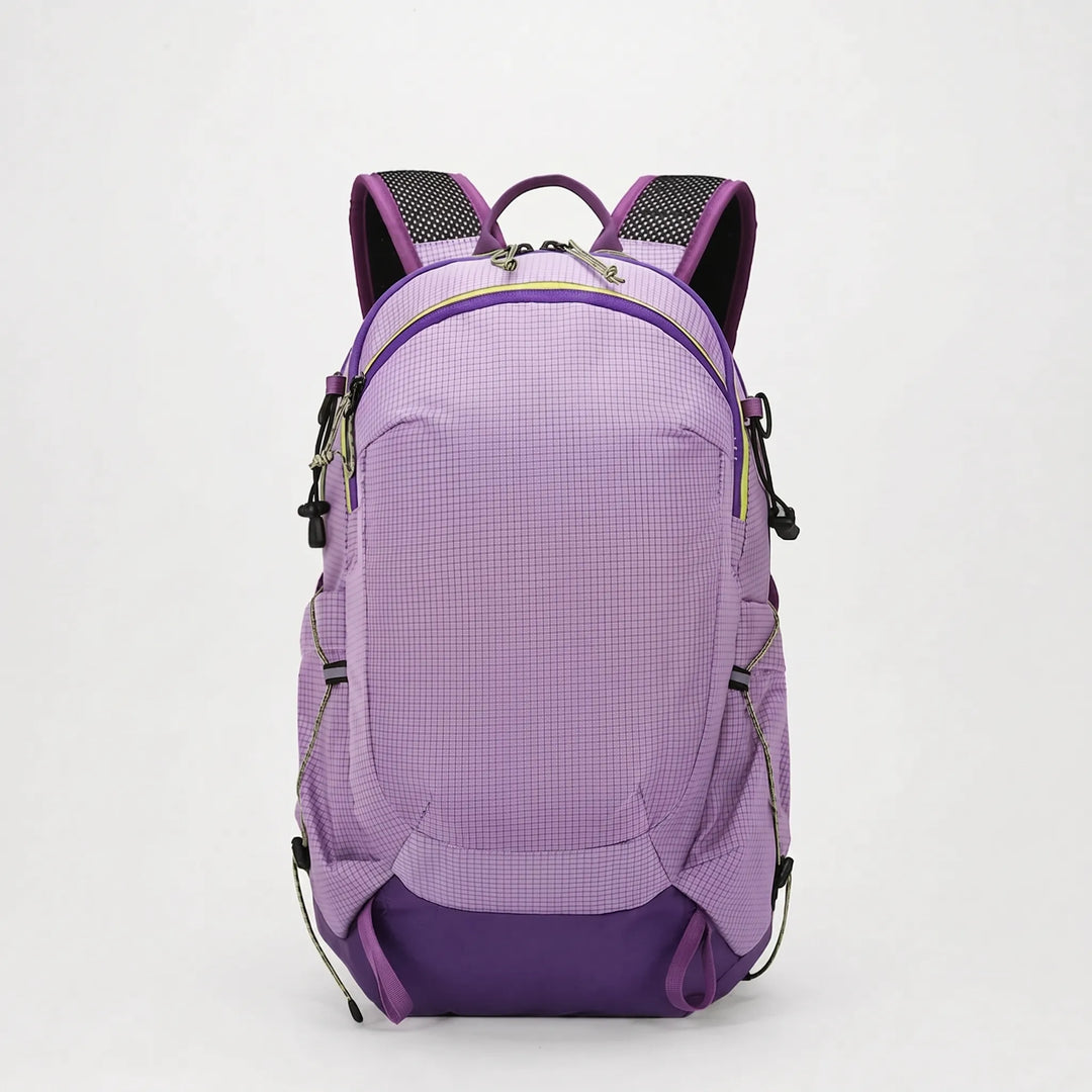 Front view of a robust 5.3 Gallon hiking backpack, designed for adventurous camping & trail use.