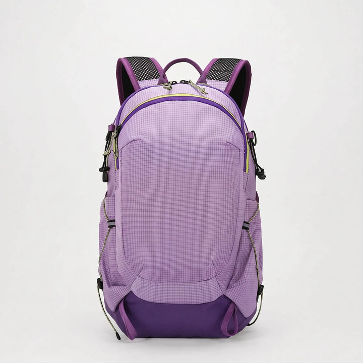 Front view of a robust 5.3 Gallon hiking backpack, designed for adventurous camping & trail use.