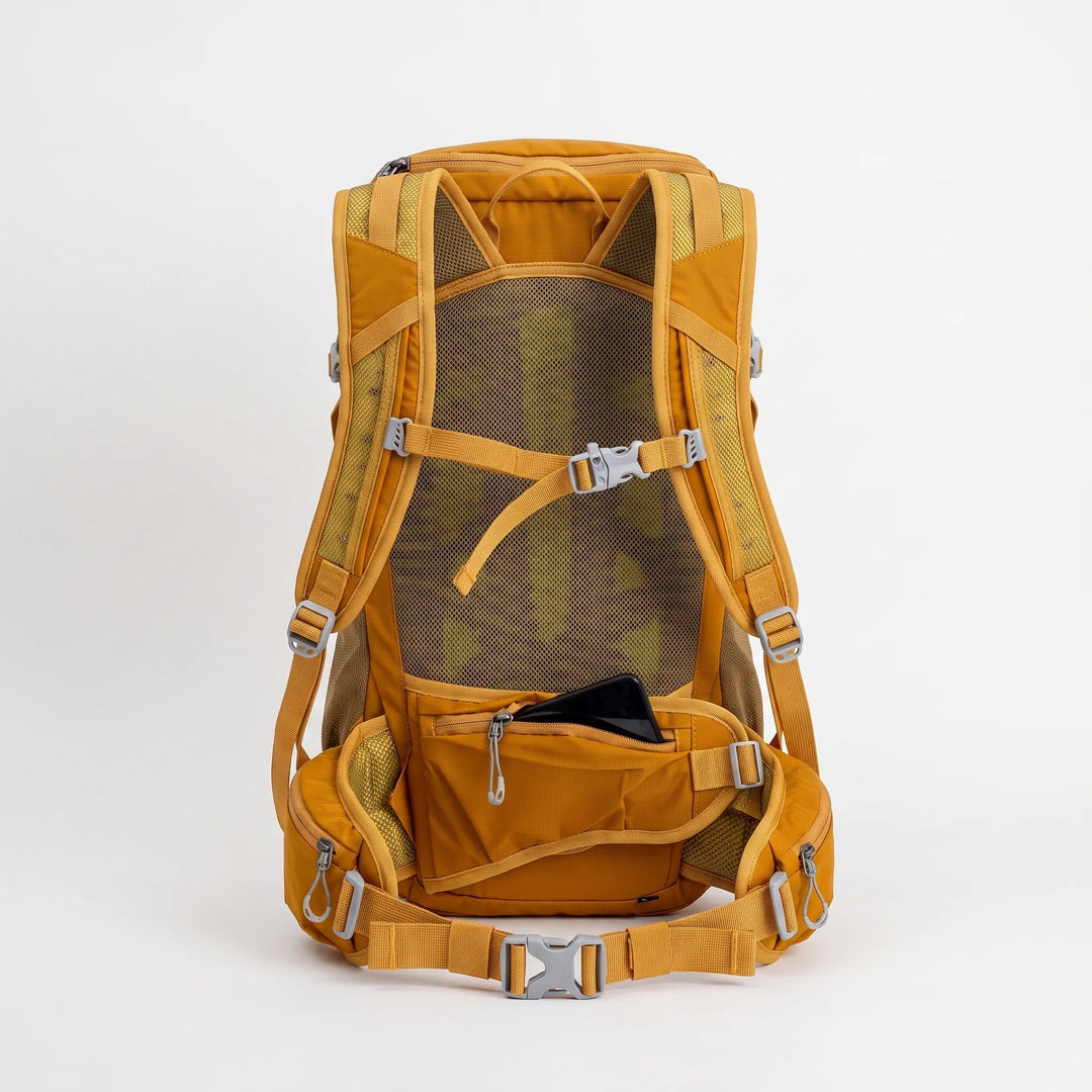 Close-up of ripstop fabric on a 6.6 gallon unisex hiking daypack, built for rugged outdoor adventures.