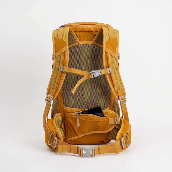 Close-up of ripstop fabric on a 6.6 gallon unisex hiking daypack, built for rugged outdoor adventures.