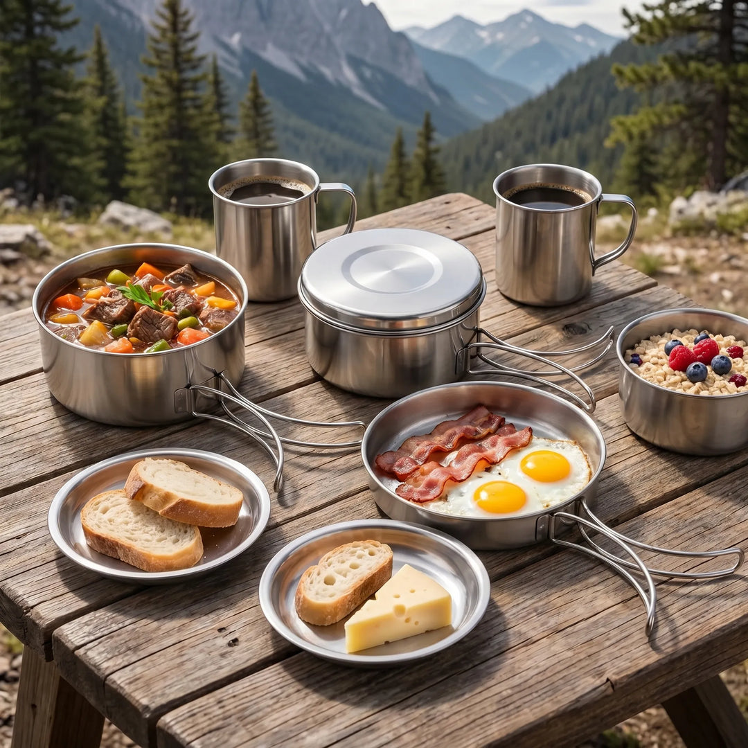 Unisex 8-piece compact camping cookware set, ideal for backpacking & outdoor cooking adventures.