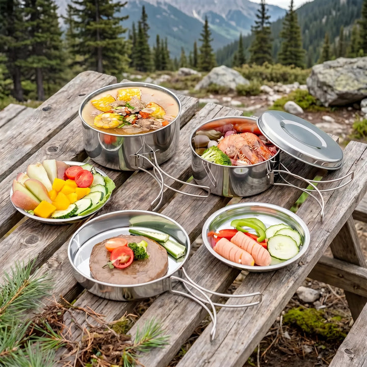 Nesting design of the 8-piece compact camping cookware set, showing easy storage for backpacking & travel.