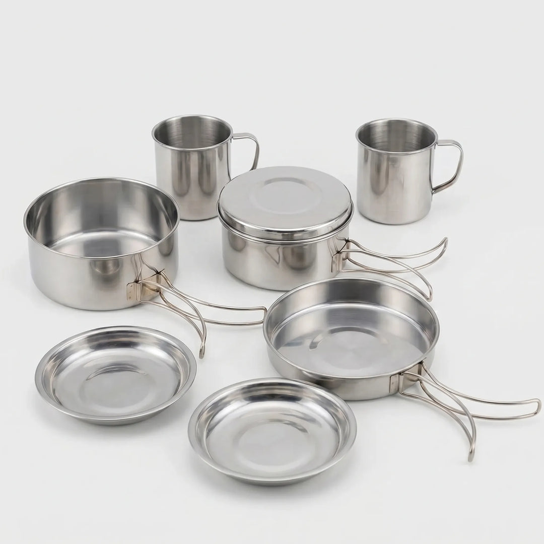 Versatile 8-piece unisex camping cookware set for outdoor cooking, hiking, backpacking, and camp kitchen needs.