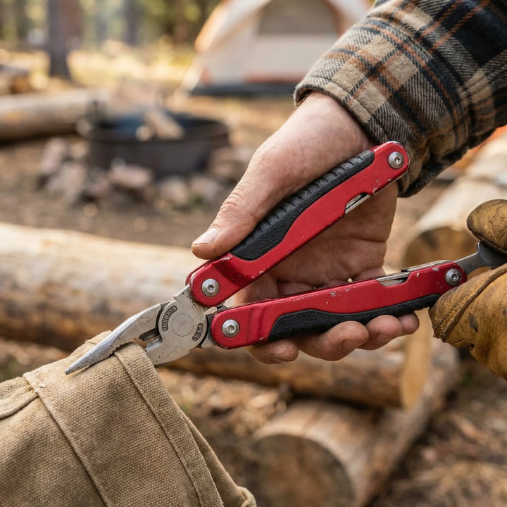 Unisex 9-in-1 folding multi-tool for camping, hiking, and survival. Essential portable outdoor gear.