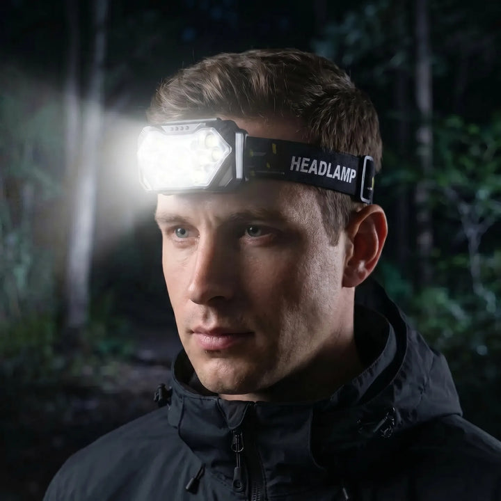 Unisex 9-LED rechargeable headlamp 2-pack with motion sensor for hands-free outdoor camping, hiking, & work light.