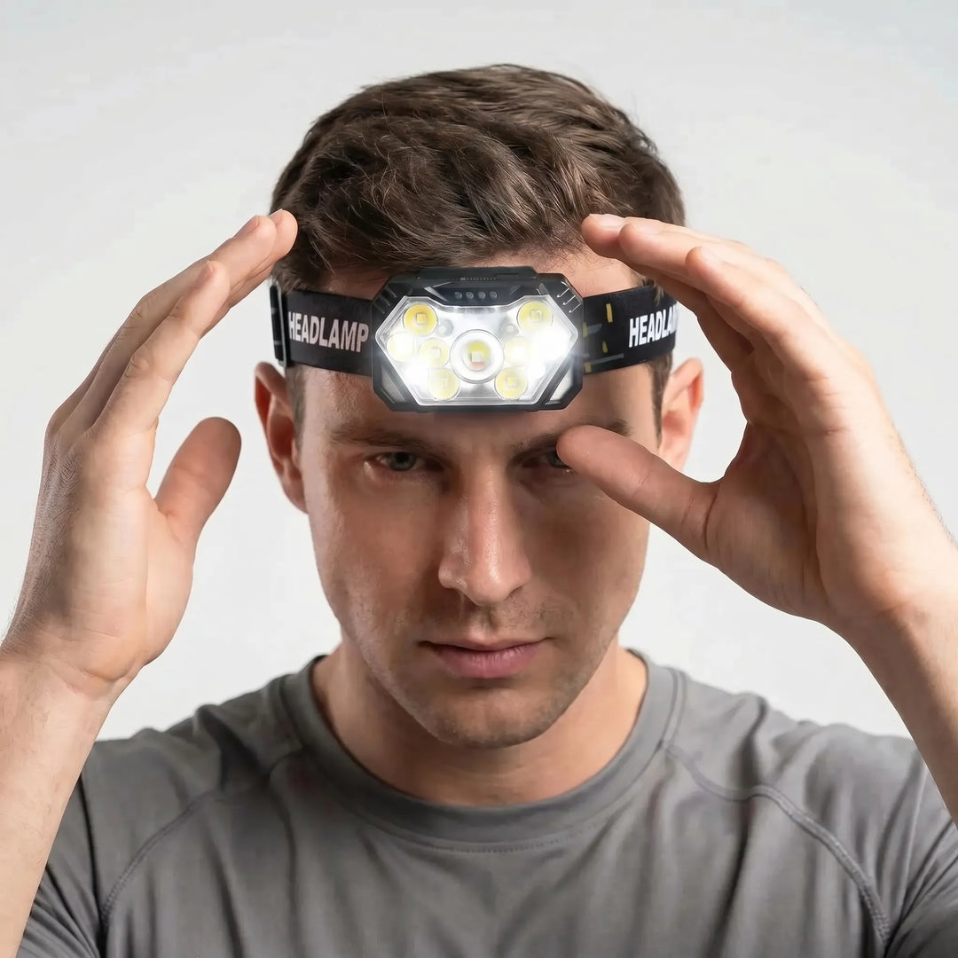 Bright 9-LED rechargeable headlamp 2-pack with motion sensor for reliable hands-free lighting in camping & hiking.