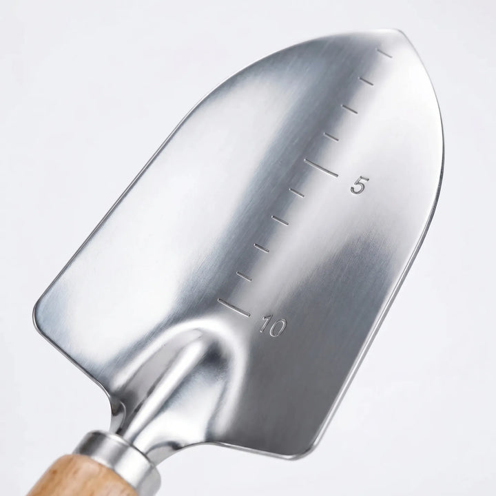 Durable 9-piece stainless steel gardening tools with comfortable wooden handles for planting & weeding.
