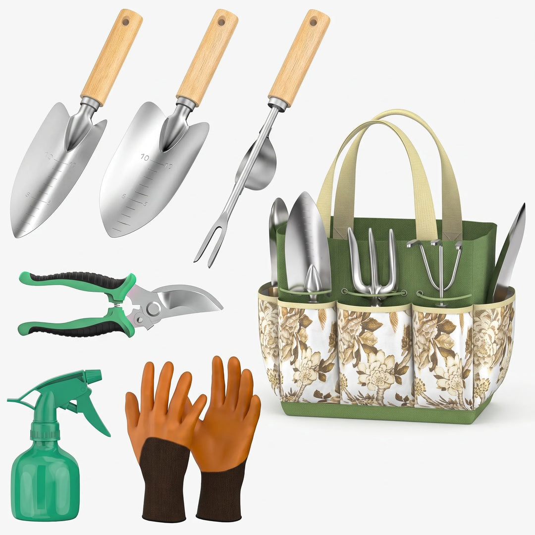 Complete 9-piece unisex gardening tool set, organized in a sturdy canvas tote bag for easy outdoor transport.