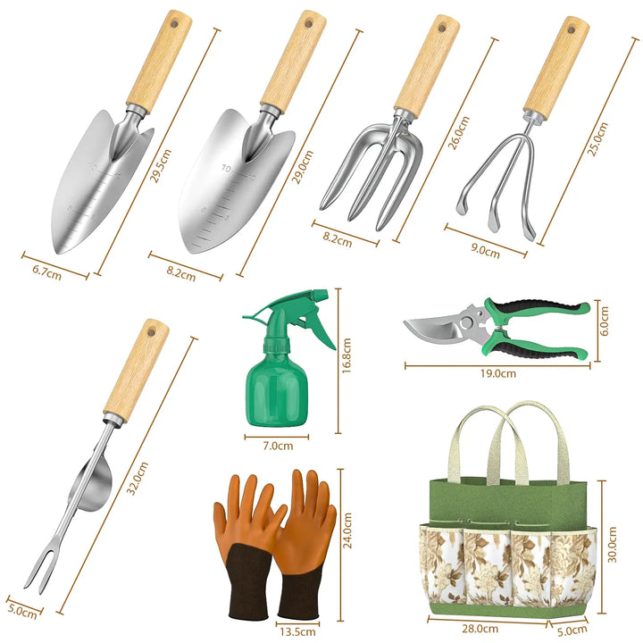 Unisex 9-piece essential gardening tools with wood handles for planting, weeding, and cultivating gardens.