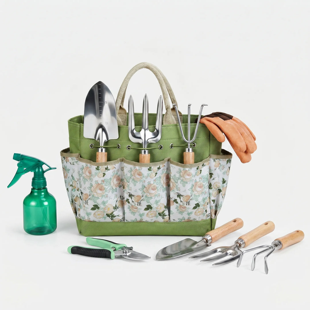 High-quality 9-piece gardening tool set featuring stainless steel hand tools for various outdoor tasks.