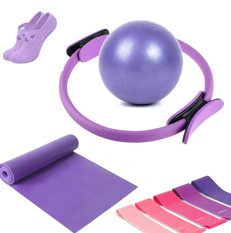 Unisex 9-piece home Pilates kit with ring, ball, and bands for full body strength & flexibility.