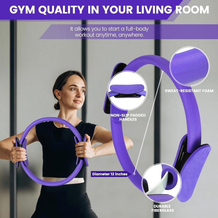 Portable 9-piece Pilates kit featuring resistance bands, yoga ball & ring for effective home workouts.