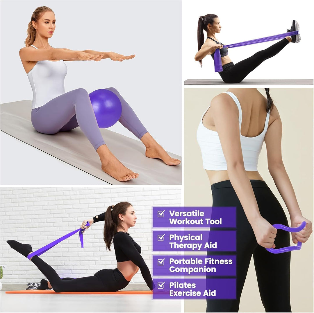 Complete 9-piece Pilates fitness equipment with resistance bands, ball, ring & socks for home gym workouts.