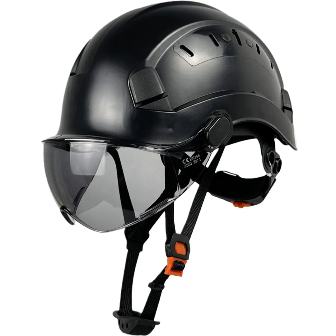 Unisex ABS safety helmet with integrated goggles & clear visor for industrial work protection.