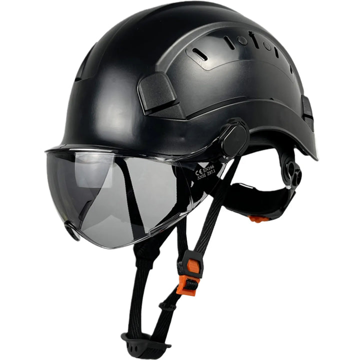Unisex ABS safety helmet with integrated goggles & clear visor for industrial work protection.