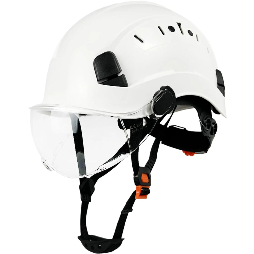 Work protection: Unisex ABS helmet with integrated eye protection and face shield for job site safety.