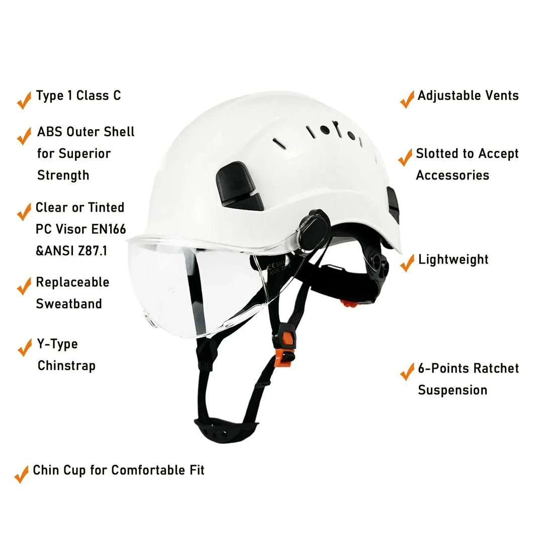 Durable hard hat with built-in eye protection and face shield, ideal for construction gear.