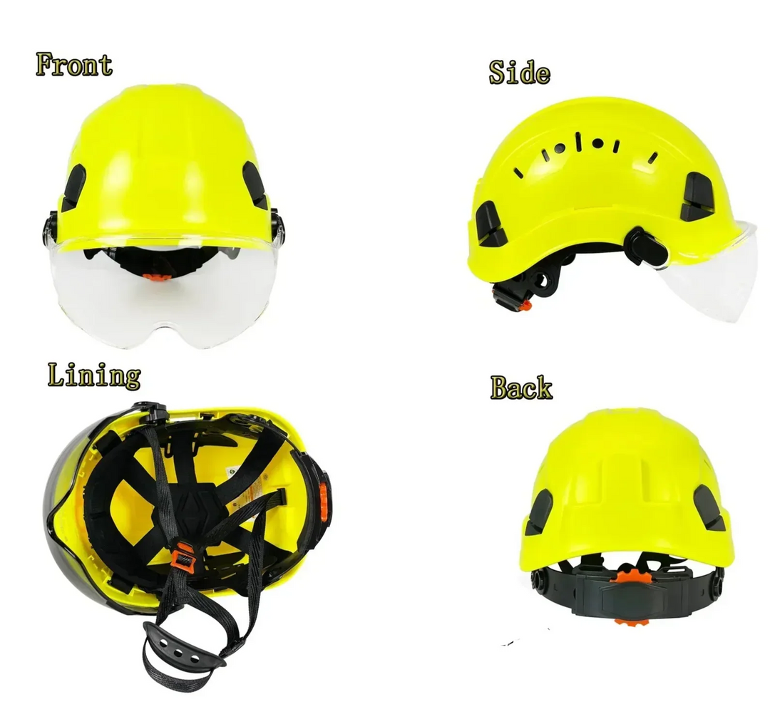 Protective gear: ABS safety helmet for job sites, featuring integrated goggles & visor for full coverage.