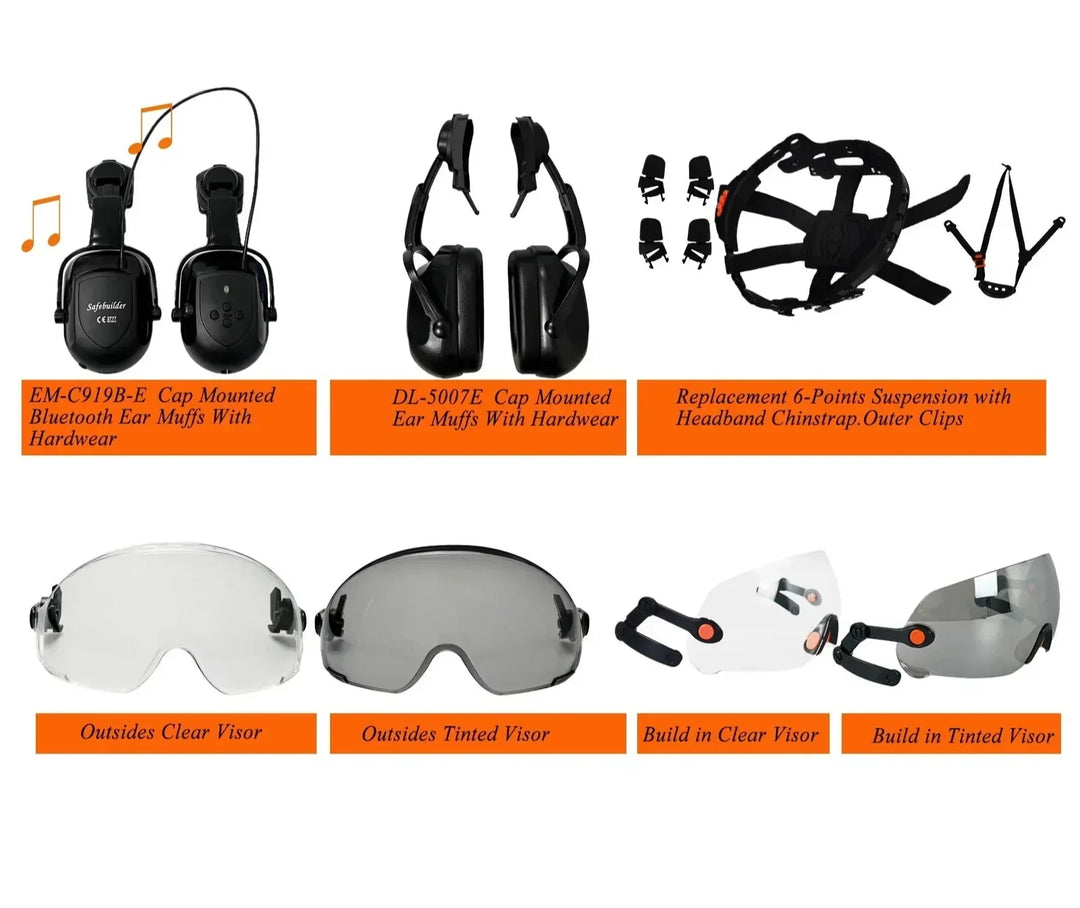Industrial safety helmet, unisex design, with adjustable visor & goggles for enhanced work protection.