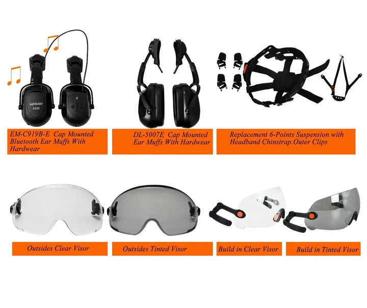 Industrial safety helmet, unisex design, with adjustable visor & goggles for enhanced work protection.