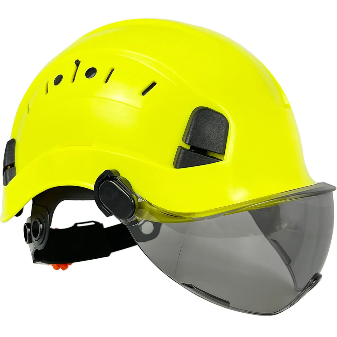 Hard hat with integrated eye & face protection, made from durable ABS for construction safety.