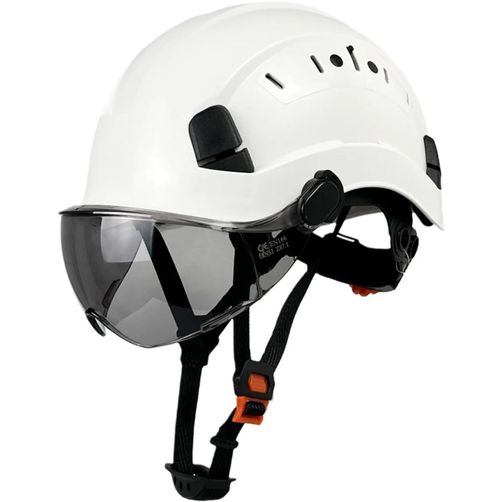 Safety helmet with clear integrated visor and goggles, offering superior job site protection.