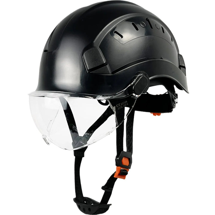 Construction gear: Hard hat with built-in face shield & eye protection, suitable for various job sites.