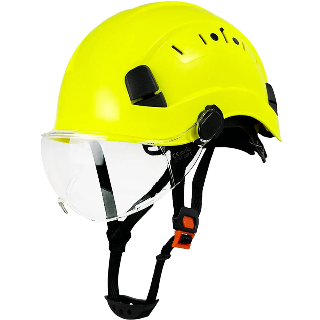 Durable safety helmet with integrated goggles & visor, essential protective gear for industrial use.