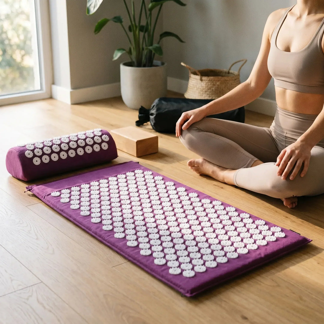 Unisex acupressure mat & pillow set for back, neck pain relief, relaxation, & stress reduction.