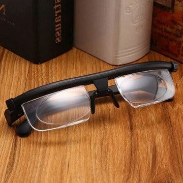 Adjustable focus eyewear for clear near & far vision, suitable for men & women, polycarbonate lenses.