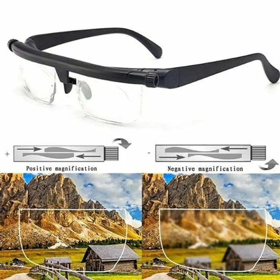 Lightweight adjustable focus reading glasses for optimal near & far vision, comfortable unisex design.