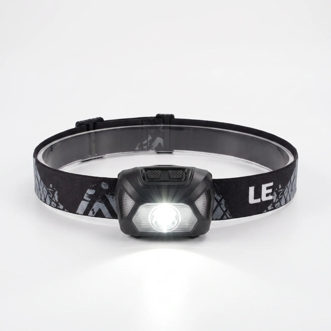 Adjustable LED headlamp, unisex design. Perfect for camping, hiking, work, and emergency hands-free lighting.