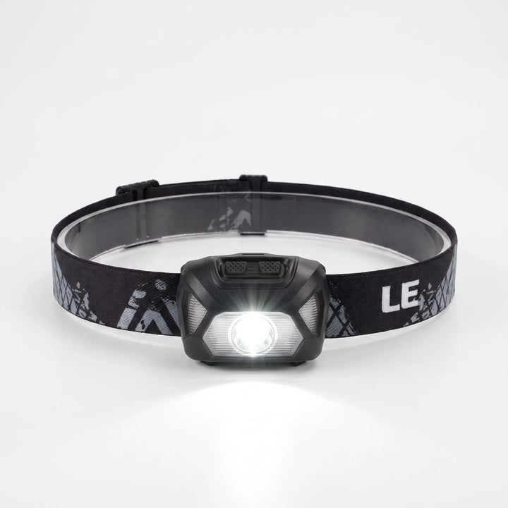Adjustable LED headlamp, unisex design. Perfect for camping, hiking, work, and emergency hands-free lighting.