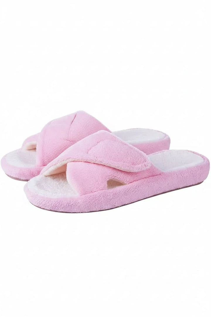 Side view of unisex open toe comfort slippers, highlighting adjustable strap & cushioned sole for indoor wear.