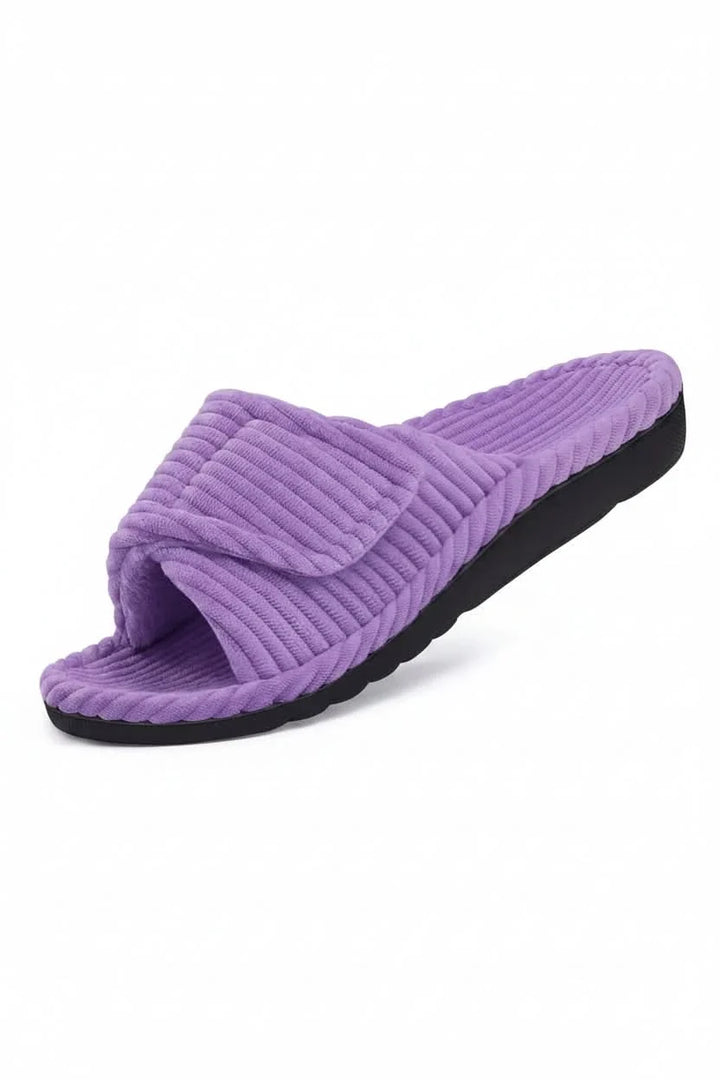 Top view of adjustable open toe comfort slippers, perfect for unisex home wear and all-day indoor relaxation.