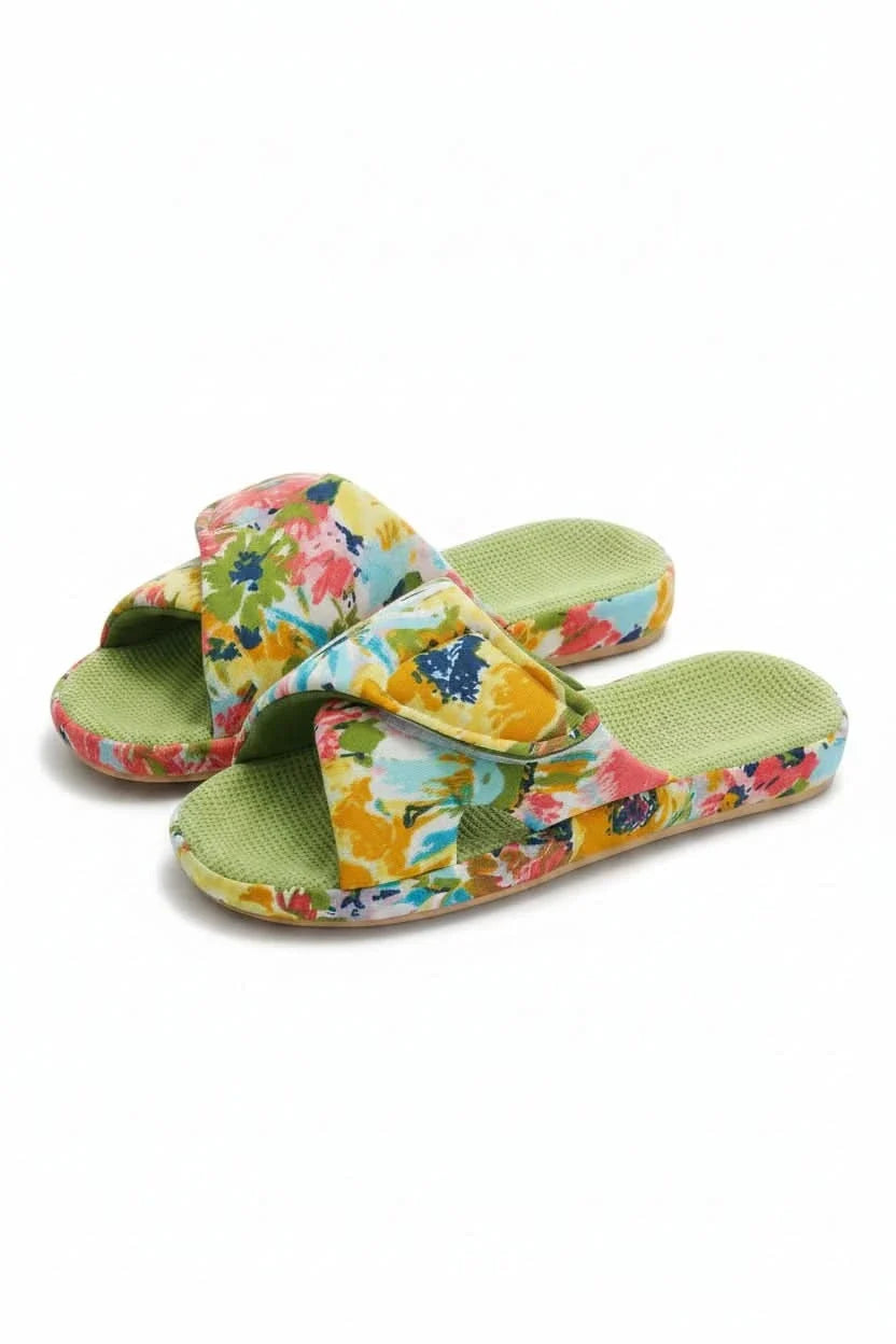 Pair of unisex adjustable open toe comfort slippers, designed for cozy indoor loungewear & all-day relaxation.