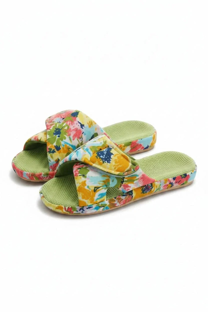 Pair of unisex adjustable open toe comfort slippers, designed for cozy indoor loungewear & all-day relaxation.